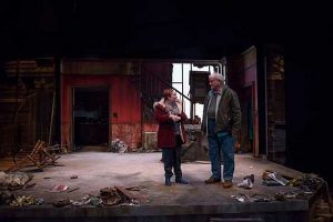 Penny Slusher (Mary Murphy) and Francis Guinan (Marty Murphy) return to their Hurricane Sandy ravaged home in 'By the Water' at Northlight Theatre. Photo by Michael Brosilow