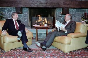 11/19/1985 President Reagan and Soviet General Secretary Gorbachev at the first Summit in Geneva Switzerland. Photo from the Ronald Reagan Presidential archives>