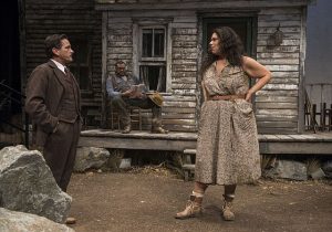 Jim De Vita (James) l, A.C. Smith (Phil) and Bethany Thomas (Josie) in 'A Moon for the Misbegotten' at Writers Theatre. Photo by Michael Brosilow.