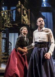 Chicago Shakespeare Theater's Macbeth received a nomination in the Production category. (L to R) Chaon Cross (Lady Macbeth) and Ian Merrill Peakes (Macbeth) watched by the Weird Sisters (McKinley Carter, Emily Ann Nichelson and Theo Germaine) in ‘Macbeth’ at Chicago Shakespeare Theater’s The Yard. (Photo by Liz Lauren