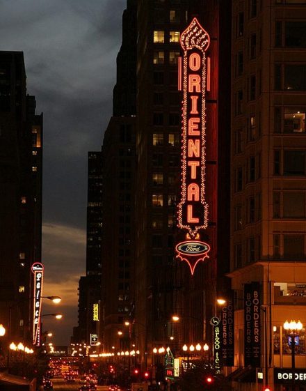 Ford Oriental Theatre in the foreground and Cadillac Palace Theatre in the background are two Broadway in Chicago venues. (Broadway in Chicago photo)