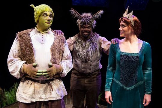 Shea Coffman, Jonathan Butler-Duplessis, and Jacquelyne Jones in Shrek the Musical.