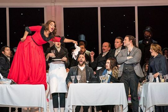 Danielle De Niese (Musetta) waves her panties in the face of Zachary Nelson (Marcello), Ricardo José Rivera (Schaunard), Michael Fabiano (Rodolfo), Maria Agresta (Mimi) and company. (Todd Rosenberg photo)