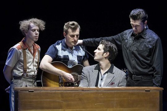 Nat Zegree, Shaun Whitley, Rustin Cole Sailors and Christopher J. Essex around the piano as in their characters' pose in the famed Million dollar Quartet photo