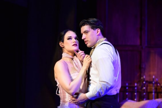 Emily Goldberg (Sibella Hallward) and Andres Enriquez (Monty Novarro) in A Gentleman's Guide to Love and Murder. (Photo by Michael Courier)