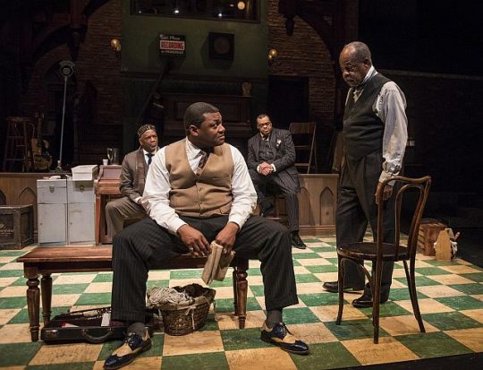 From left: David Alan Anderson, Kelvin Roston, Jr., A.C. Smith and Alfred H. Wilson in 'Ma Rainey’s Black Bottom'at Writers Theatre. (Photo by Michael Brosilow)