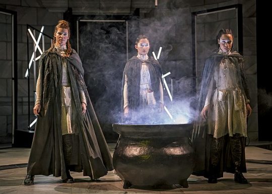 The Weyard Sisters (Caitlan Taylor, Caroline Chu, and Emma Ladji) in Chicago Shakespeare Theater’s production of Short Shakespeare! Macbeth. (Liz Loren photo)