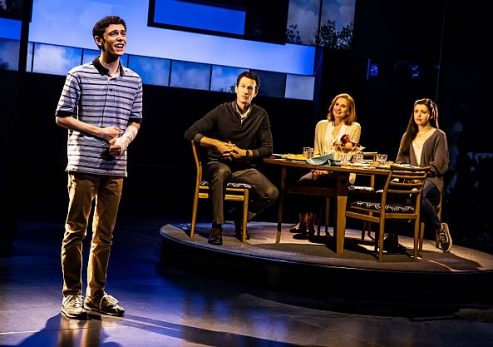 From left Ben Levi Ross (Evan Hansen, Aaron Lazar (Larry Murphy, Christine Noll (Cynthia Murphy) and Maggie McKenna (Zoe Murphy) in North American tour of Dear Evan Hansen.