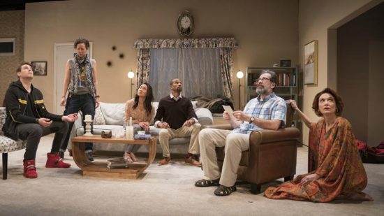 Walter Briggs, Kristina Valada-Viars, Emjoy Gavino, Anthony Irons, Rom Barkhordar and Shannon Cochran in "Act(s) of God" by Lookingglass Theatre Company. (Liz Lauren photo)