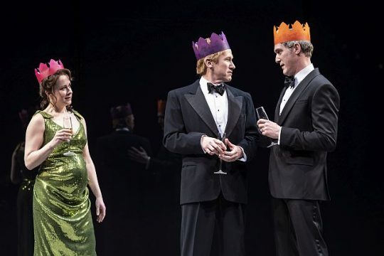Kate Fry (Hermione), Dan Donohue (Leontes) and Nathan Hosner (Polixenes) in The Winter’s Tale at Goodman Theatre. (Liz Lauren photo)