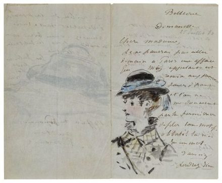 Édouard Manet. Letter to Madame Jules Guillemet, Decorated with a Portrait and a Still Life of a Bag and a Parasol, July 1880. Private Collection. (Credit: Saint Honoré Art Consulting, Paris.)