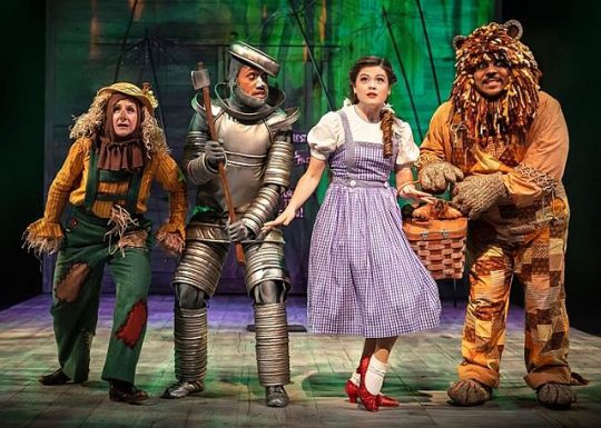 The Scarecrow (Marya Grandy), The Tin Man (Joseph Anthony Byrd), Dorothy (Leryn Turlington), and The Cowardly Lion (Jose Antonio Garcia) join together in an adventure down the Yellow Brick Road. (Photo by Liz Lauren)