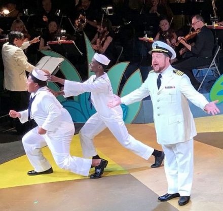 Nick Pulikowski as Captain Stone with sailors. (Photo courtesy of Foks Operetta)