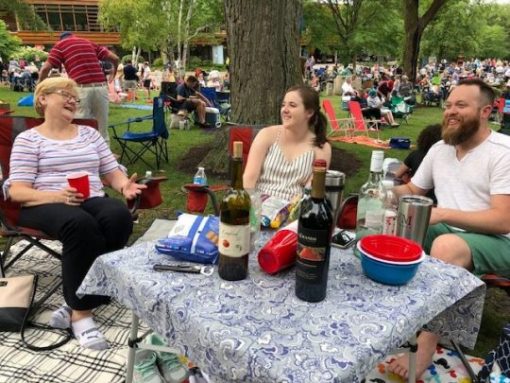 Regular Ravinia goer Patsy Haase, Arlington Heights, chats with daughter Julie Haase and Sydney Burks, MO berore the program begins and the lawn starts to fill. (J Jacobs photo)