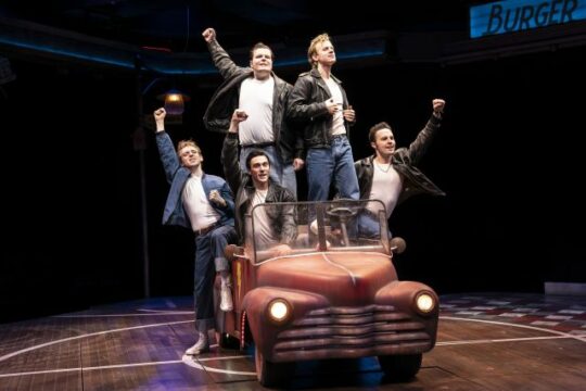 The Burger Palace Boys and car in 'Grease' at Marriott Theatre. (Liz Loren photo)