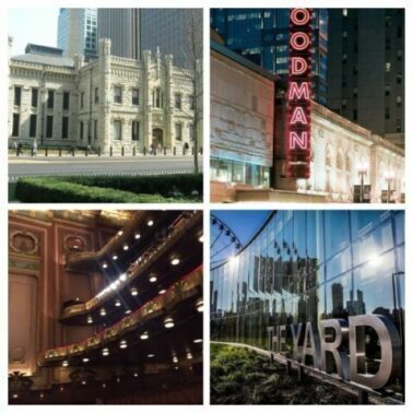 Chicagoland's more than 200 theater venues include Lookingglass Theatre in the historic Water Works (top left) and the Lyric Opera House, bottom left plus Goodman Theatre in a remodeled former movie theater building and the Yard at Chicago Shakespeare on Navy Pier, bottom right. (J Jacobs photo)