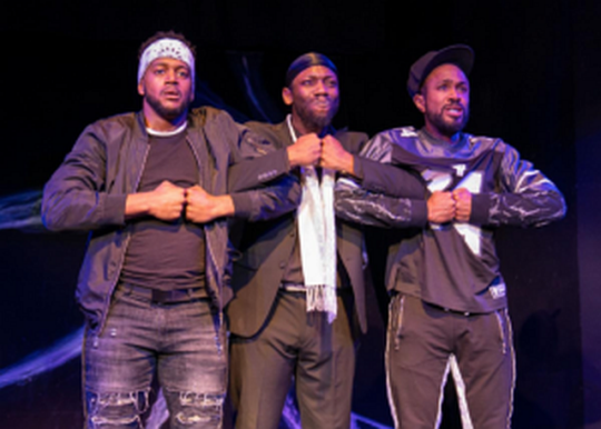 Grif (Cage Sebastian Pierre, from left), Isa (Kai A. Ealy) and Daz (Charles Andrew Gardner) in TimeLine Theatre’s Chicago premiere of “Kill Move Paradise.” ( (Lara Goetsch photo)