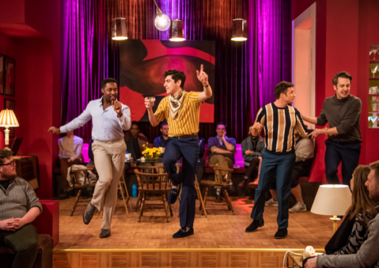 Standing, from left) Denzel Tsopnang, William Marquez, James Lee and Jackson Evans in The Boys in the Band at Windy City Playhouse. (Michael Brosilow photo)