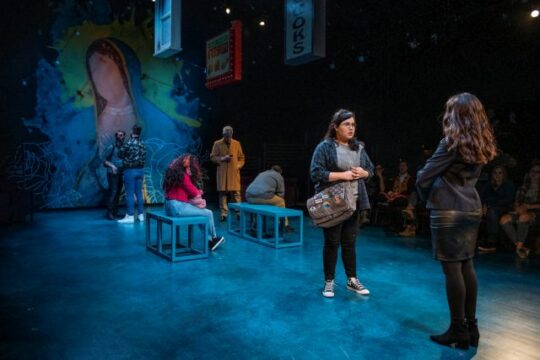 Karen Rodriguez (Julia) and the cast of I Am Not Your Perfect Mexican Daughter at Steppenwolf. (Michael Brosilow photo)