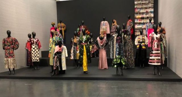 Mannequins in Duro Olowu clothes gaze at art in new MCA Chicago exhibition. (J Jacobs photo)