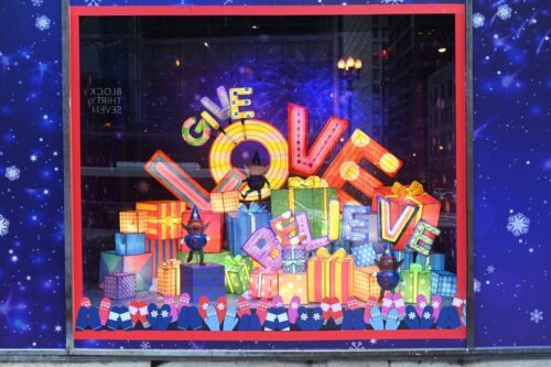 Macy's State Street windows send messages of Thanks, Love and Believe. (Photo by Daniel Boczarski/Getty images)
