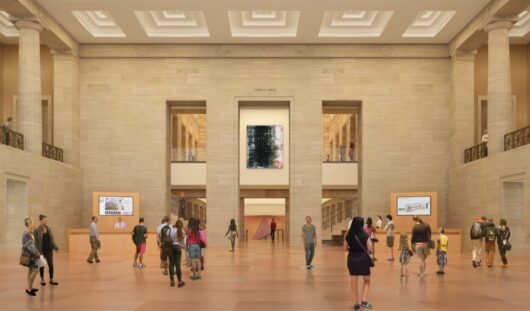Upon entering the museum via the Robbi and Bruce Toll Terrace, visitors will be able to see up into the Great Stair Hall and down into the Williams Forum, revealing pathways to art on multiple levels. Architectural rendering by Gehry Partners, LLP and KX-L, 2016. (Photo courtesy Philadelphia Museum of Art, 2021.)