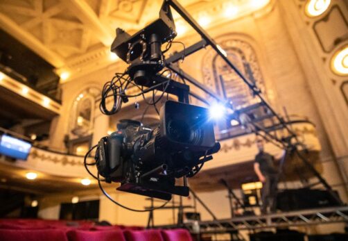 Valhalla Media working on a production to live stream from the Studebaker Theater in Chicago. (Photo by Kyle Flubacker,)