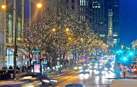 Lights go on North Michigan Avenue trees during the Mag Mile Lights Festival Parade and stay on on holiday season. (City of Chicago photo)