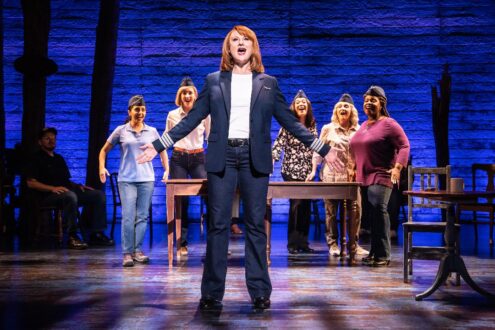 Marika Aubrey leads a group of female pilots in “Come from Away.” (Photo by Matthew Murphy.)