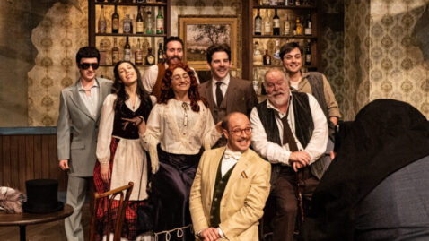 Cummisford as A Visitor, Amy Stricker as Germaine, Philip C. Matthews as Freddy, Juliana Liscio as The Countess, Mark Yacullo as Einstein, Dan Deuel as Gaston, Travis Ascione as Picasso, and Jake Busse as Schmendiman (Front). (Photo courtesy of North Shore Camera Club and Citadel Theatre)