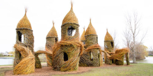 The Rookery by Patrick Dougherty is installed near the entry road and the butterfly exhibit. Photo courtesy of the Chicago Botanic Garden