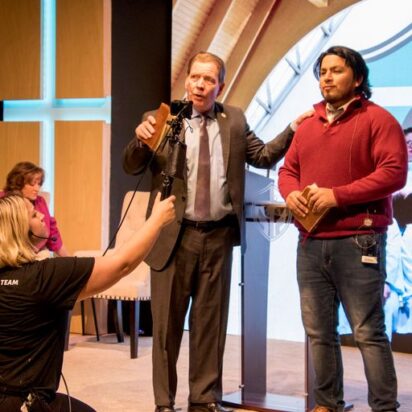 L-R (far back) Ellen Phelps,(front left) Abby Chafe), Scott Phelps and Manny Sevilla in 'The Christians' at Citadel Theatre. (Photo by North Shore Camera Club)