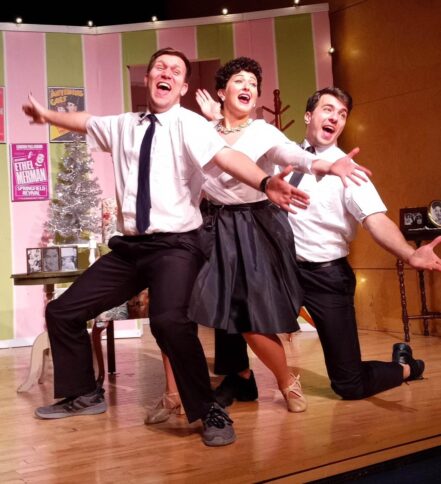 L to R: Danny Ferenczi as Elder Shumway, Julie Peterson as Ethel Merman and. Alex Iacobucci as Elder Braithwaite. (Photo courtesy of MadKap Productions