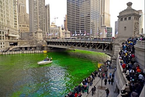 Chicago River turns green. (Photo courtesy City of Chicago)